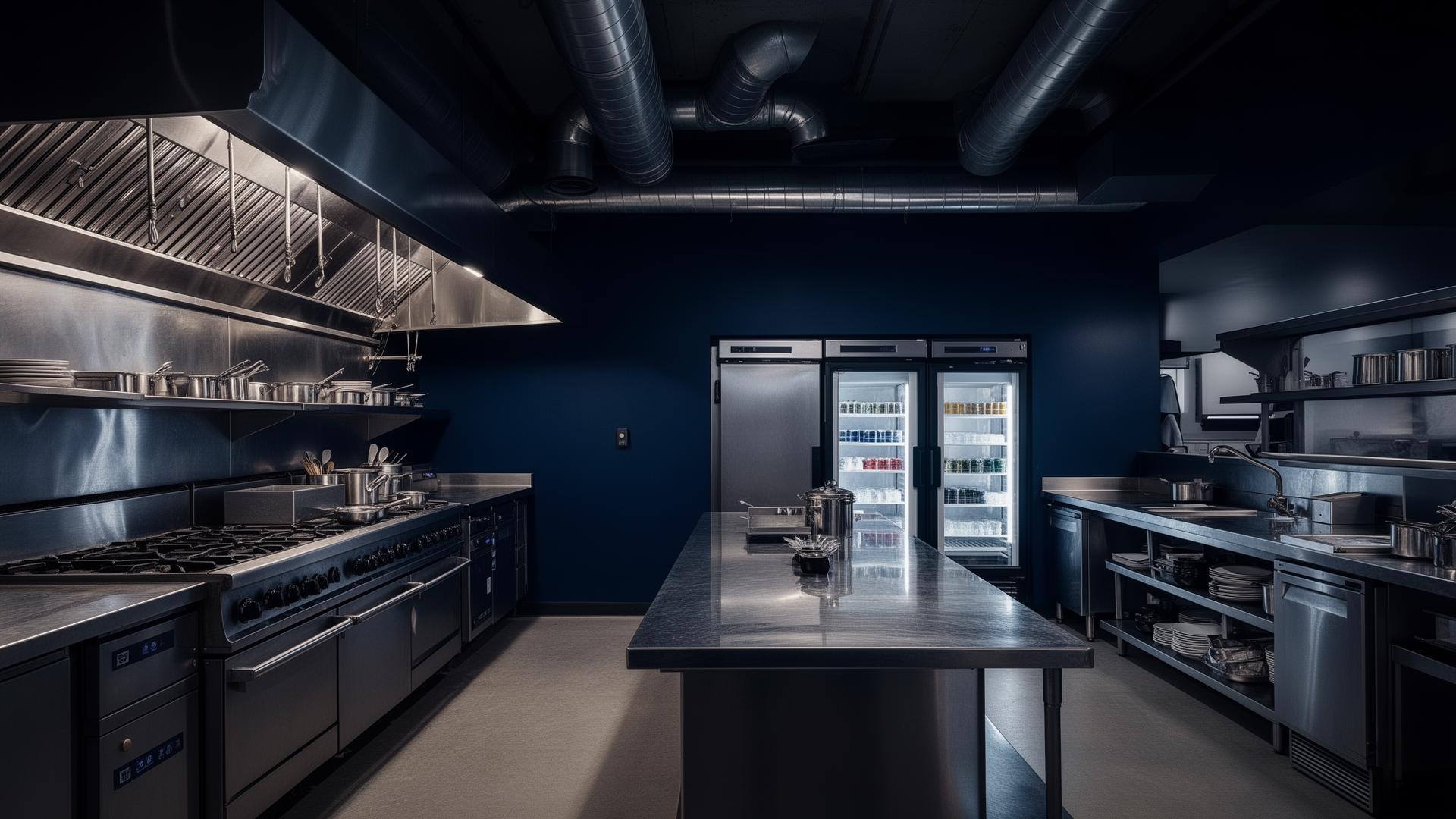 Commercial kitchen with stainless steel equipment and hood vents